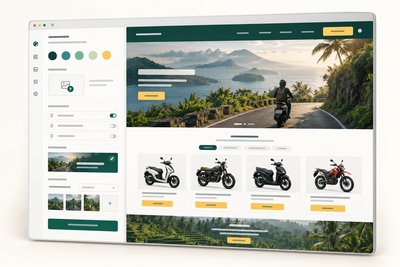 Editor toko rental dengan pilihan tema dan pratinjau toko